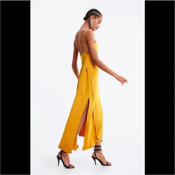 knee length dresses for ladies ZARA. Mustard satin midi dress Ts – Hibuy market main image 0